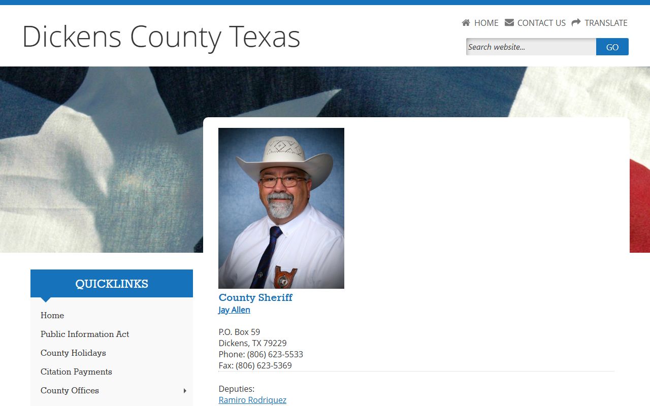 Dickens County sheriff page for inmate population and custody status